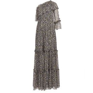 MSGM Black Silk Star Pattern One Shoulder Ruffle Maxi Dress Size 46